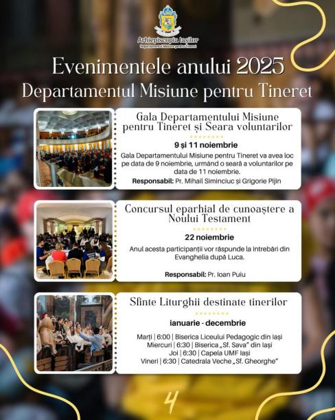 Calendarul de evenimente al Departamentului Misiune pentru Tineret al Arhiepiscopiei Iaşilor